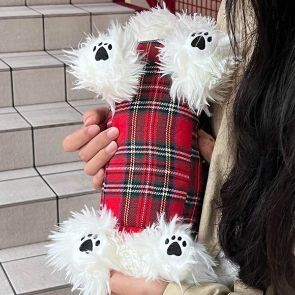 {NEW} Plaid Red and White Dog Plush Handbag - Picture 5 of 12